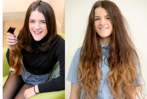Neve before and after her hair donation to the Little Princess Trust
