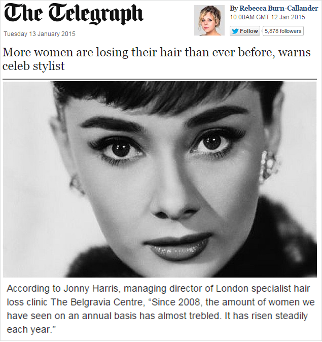 Belgravia Centre Hair Loss Clinic London In The Press - Women's Hair Loss - The Telegraph - January 2015